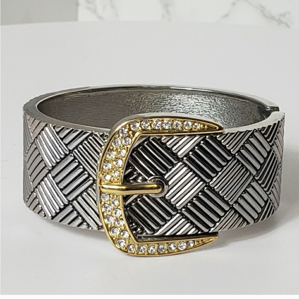 MIXED METALS & RHINESTONE Belt Design Hinged Cuff Bracelet